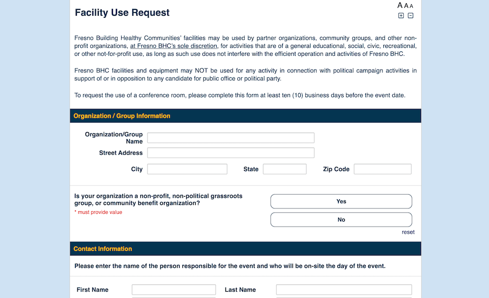 Facility Use Request form at Fresno BHC