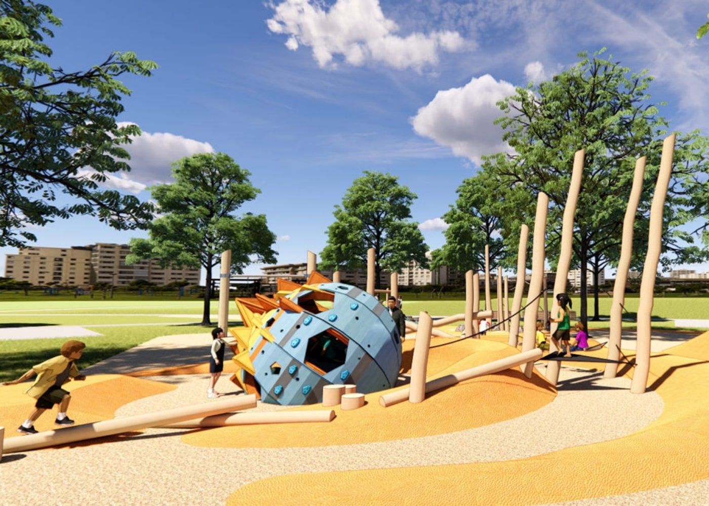 Children playing on a modern playground structure featuring a spiked, spherical climbing dome and wooden balance beams, set in a park surrounded by trees.