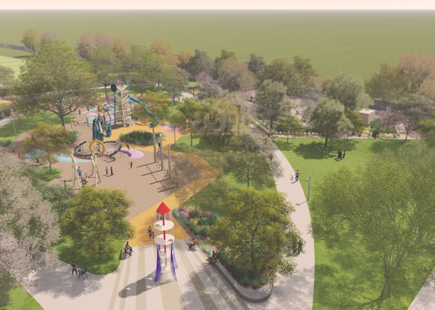 Bird’s-eye view of the park showing the rocket slide structure and colorful playground zones nestled among trees and curving walkways.