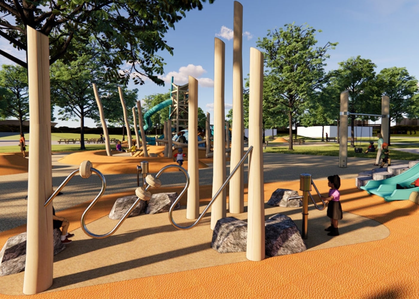 A young girl interacts with musical and sensory play equipment near tall wooden poles in a nature-themed playground, while others play on nearby slides and climbing areas.