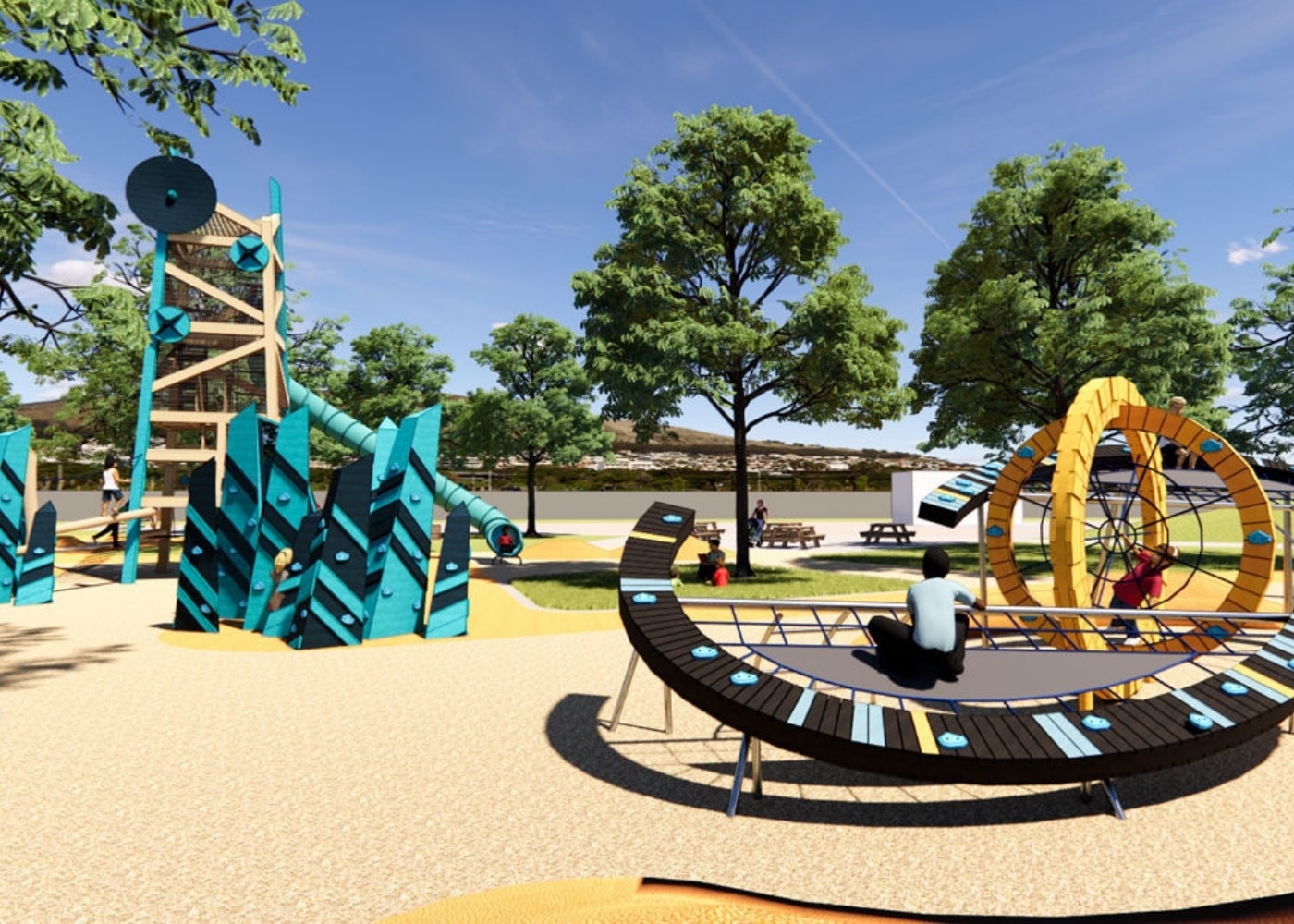A futuristic playground with bold blue and yellow climbing structures, a circular play wheel, and a tall slide tower, surrounded by trees and picnic benches.