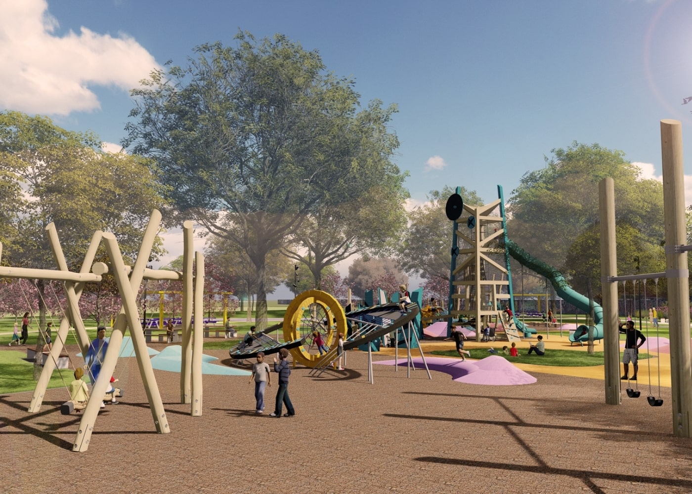 A bustling playground filled with swings, colorful climbing structures, and families enjoying the space, with trees and pathways throughout.