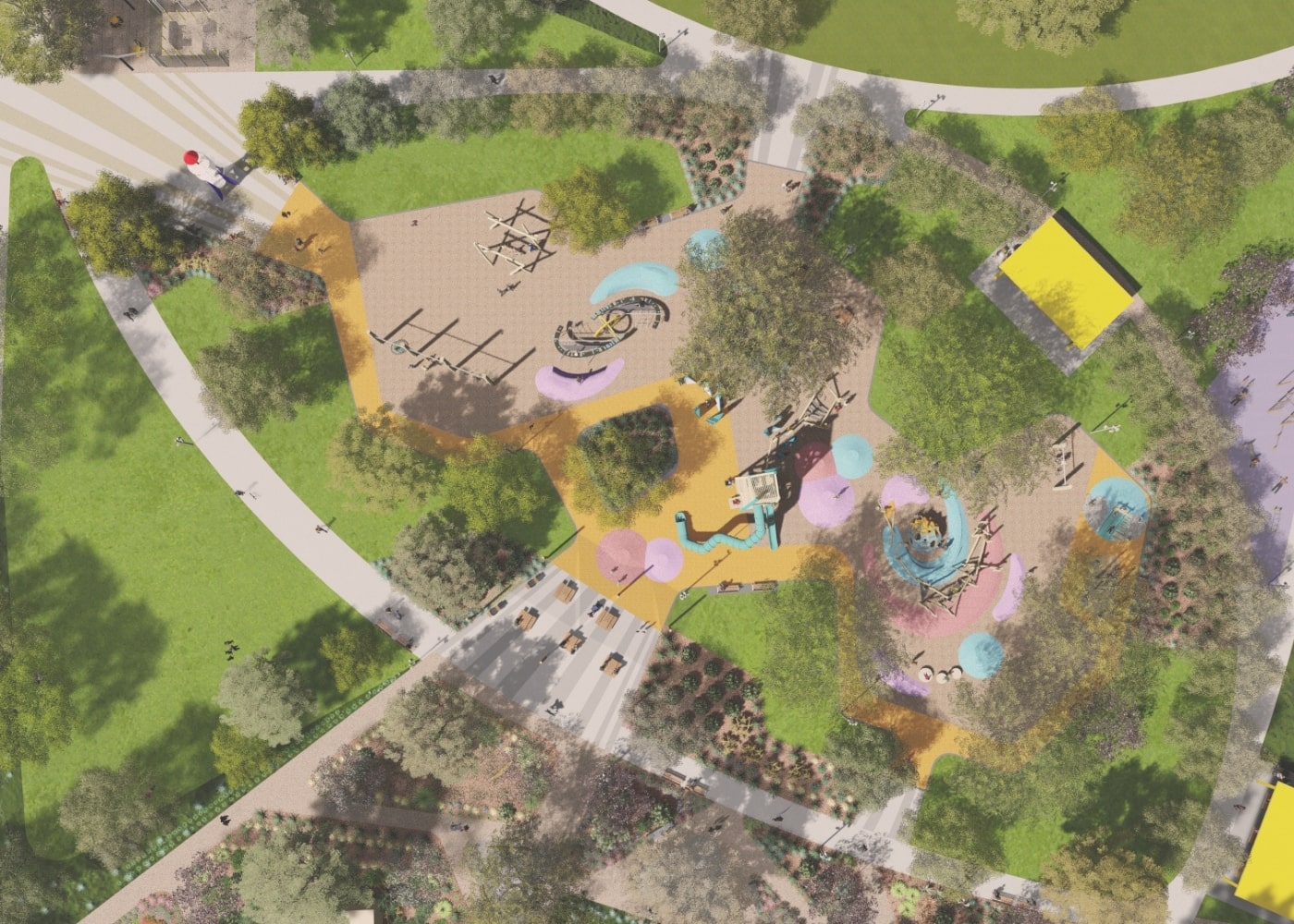 Aerial view of a large park showing diverse play areas, walking paths, and trees, highlighting the layout of the renovated community space.