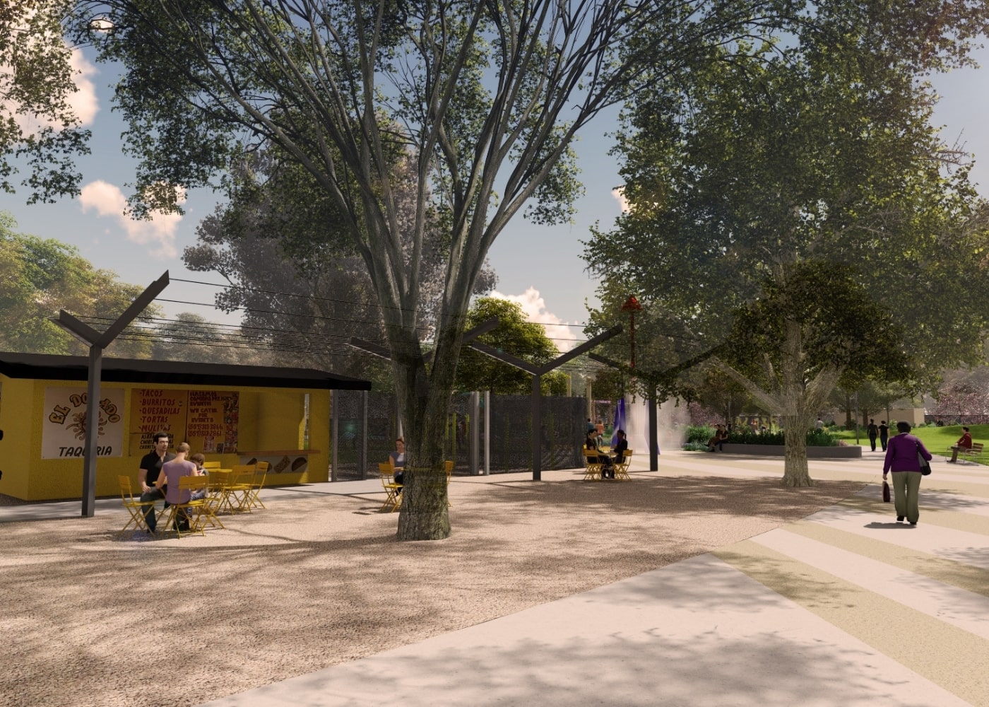 Park visitors sit near a taco stand named “El Dorado Taqueria,” with yellow tables and shaded seating under modern tree-like canopies.