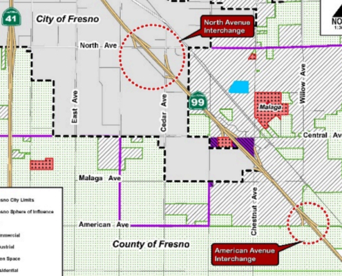 Map showing North Avenue and American Avenue interchanges tied to South Fresno freeway expansion and CEQA lawsuit