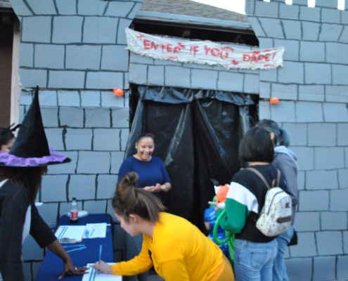 Families entering the haunted house attraction during Fresno BHC’s annual Well-O-Ween event