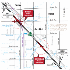 Did Caltrans Shortchange South Fresno? Judge Weighs Highway 99 Expansion Lawsuit Fresno County map of highway 99, highlighting the construction zones including the North Avenue Interchange and American Avenue Interchange.